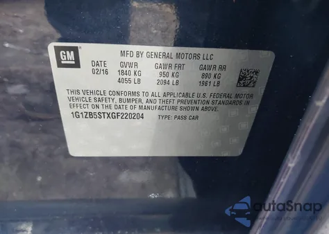 2016 Chevrolet Malibu Ls из США, поврежденный, VIN 1G1ZB5STXGF220204